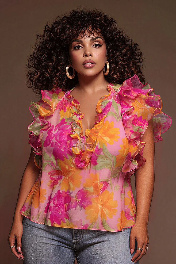 Xpluswear Design Plus Size Vacation Elegant Pink Floral V Neck Short Sleeve Ruffle Chiffon Tank Tops [Pre-Order] 2024 - Xpluswear