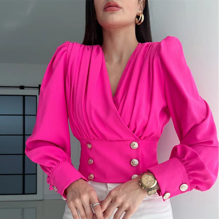 Puffy Sleeves Solid Color Pleated Shirt