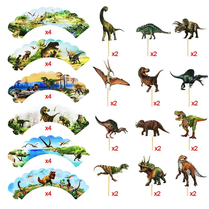 24pcs Dinosaur Cupcake Wrappers Cake Toppers Kids Dinosaur Theme Jurassic World Animal Birthday Party Cake Decoration Supplies