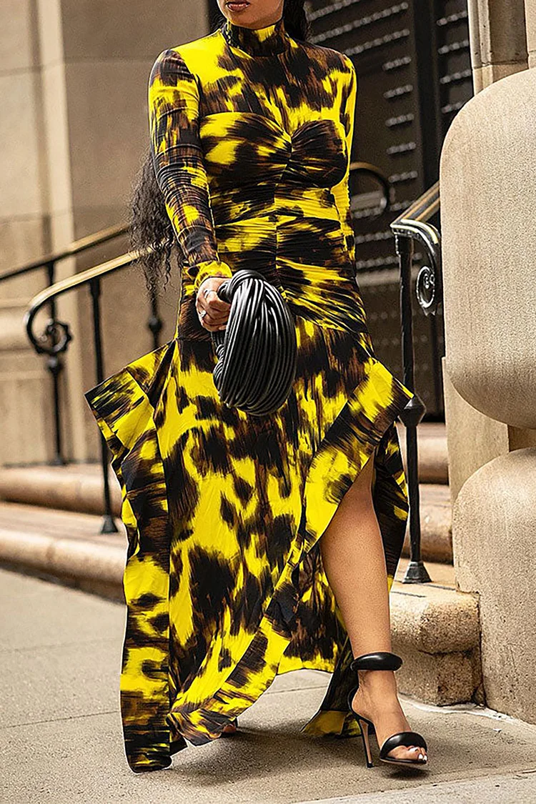 Plus Size Semi Formal Maxi Dresses Elegant Yellow Graphic Fall Winter Mock Neck Long Sleeve Fold Cotton Maxi Dresses [Pre-Order]