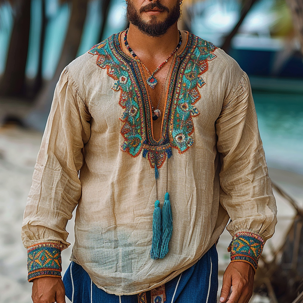 Mens N Ethnic Style Linen Tassel Shirt