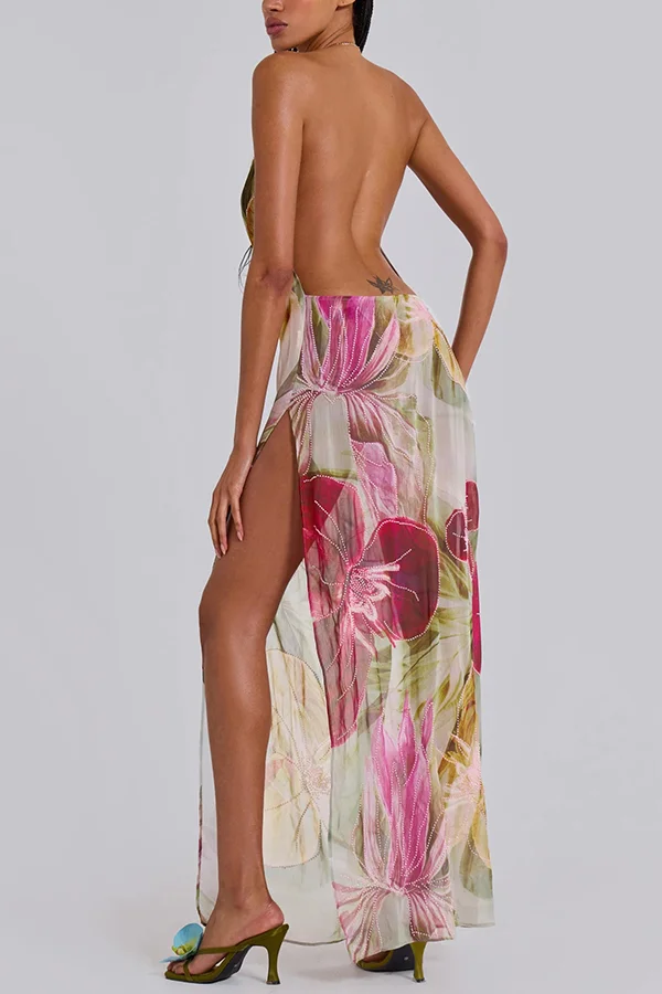 Floral Print Sexy Backless Slit See-Through Holiday Maxi Dress