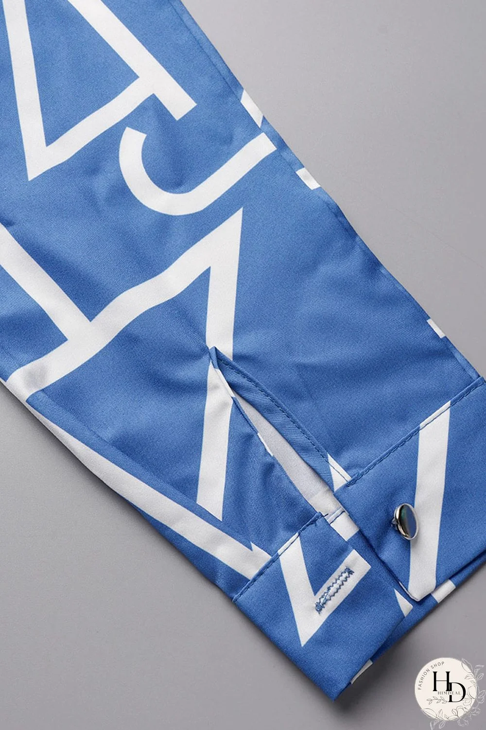 Blue Casual Print Patchwork Buckle Turndown Collar Tops