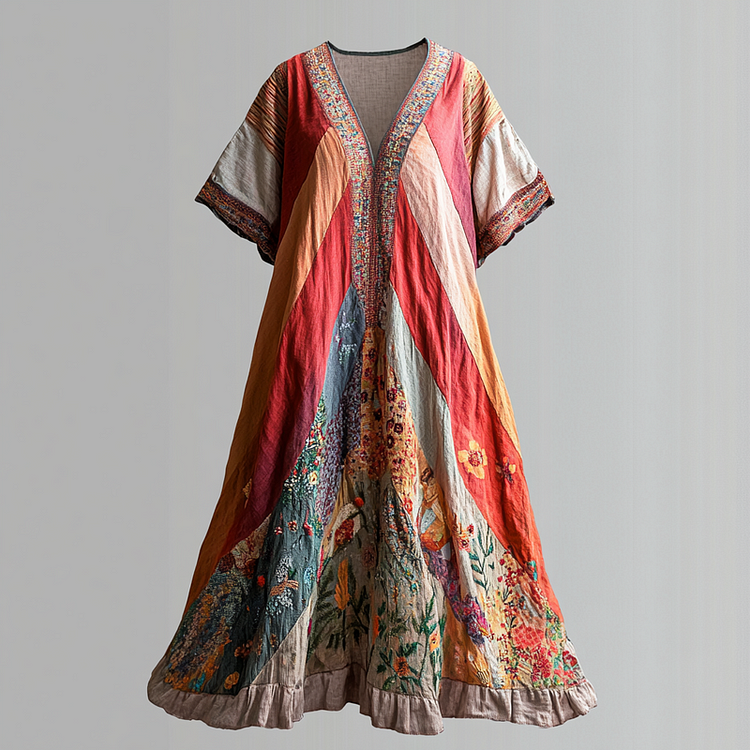 Simpfit Damen Vintage Regenbogen mit Blumenkunst Nachahmung aus Baumwolle und Leinen V-Ausschnitt Kurzarmkleid
