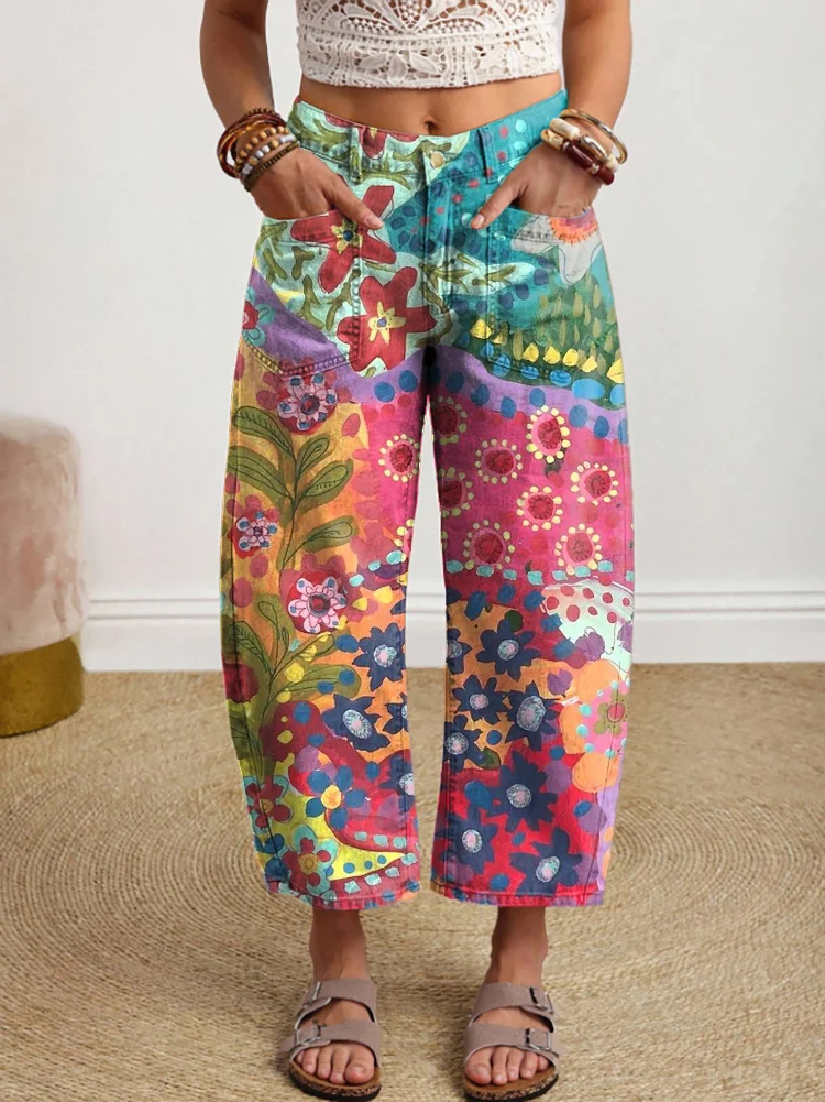 Women's Retro Colorful Floral Art Print Casual Pocket Cotton Pants
