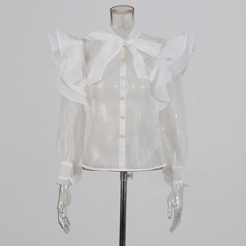 Zingj Elegant Wind-Breeze-Permeable Shirt 2025 New Temperament Niche Splicing Lotus Edge Design Mesh Shirt Female Summer