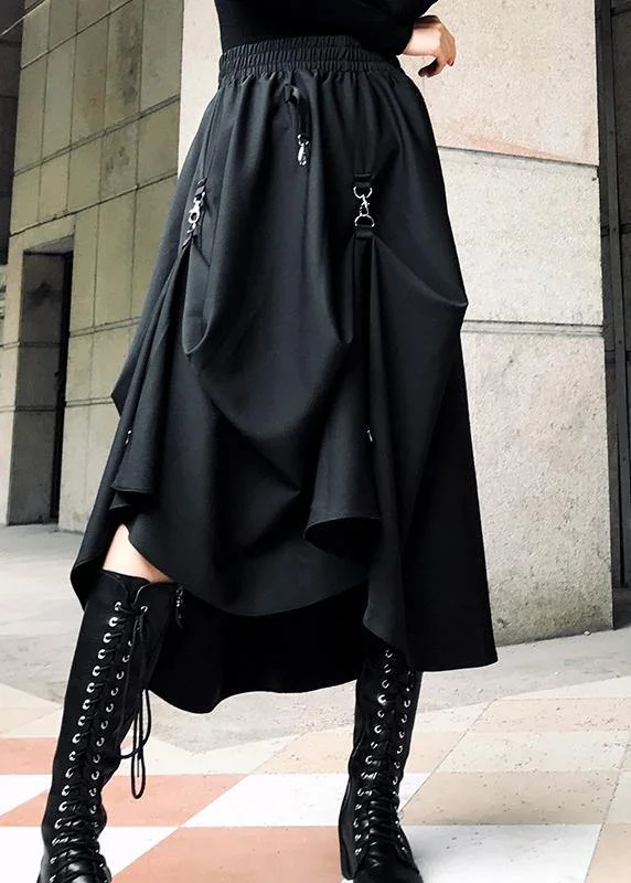 Loose Black Cinched Summer Asymmetrical Design Cotton Skirt