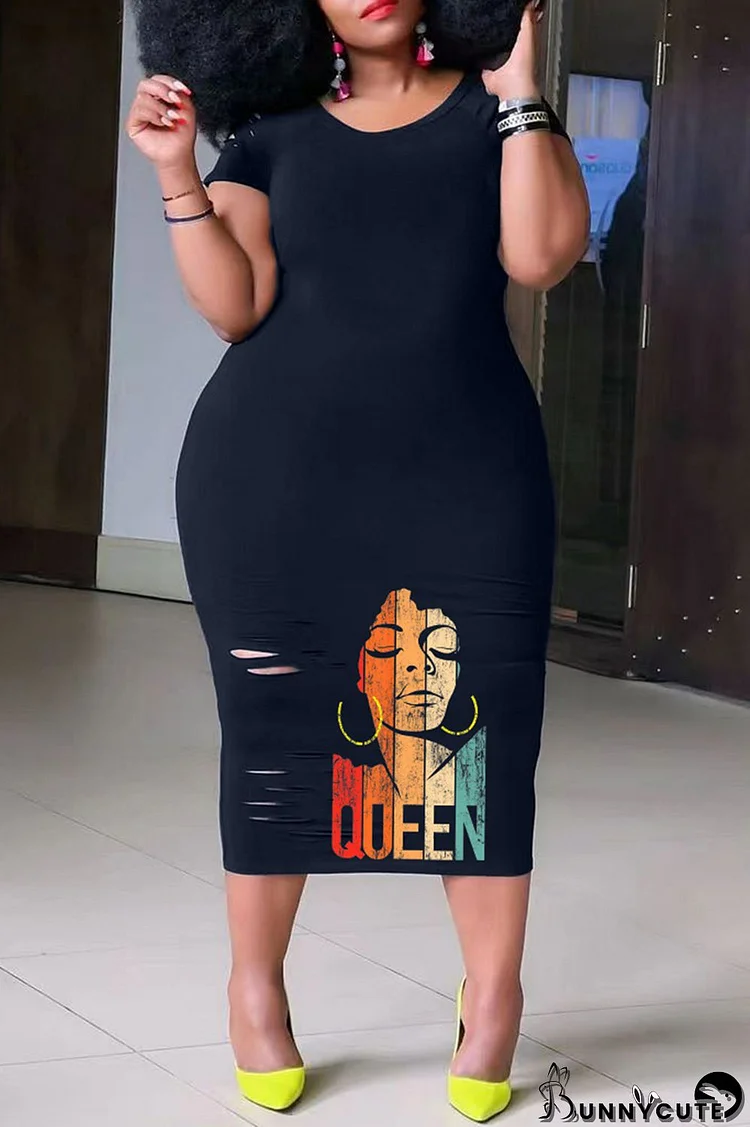Black Casual Print Ripped O Neck Short Sleeve Dress Plus Size Dresses