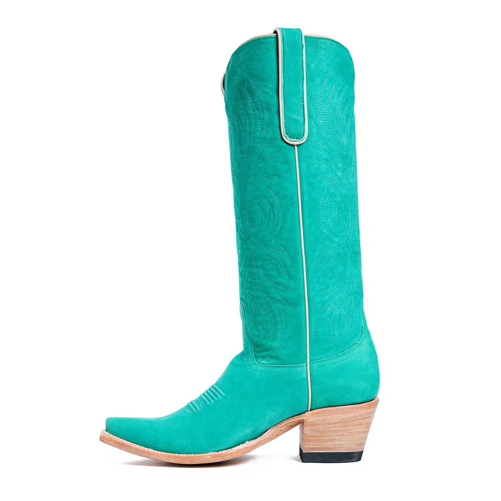 YDN Embroidered Chunky Heel Cowboy Boots for Women in Turquoise