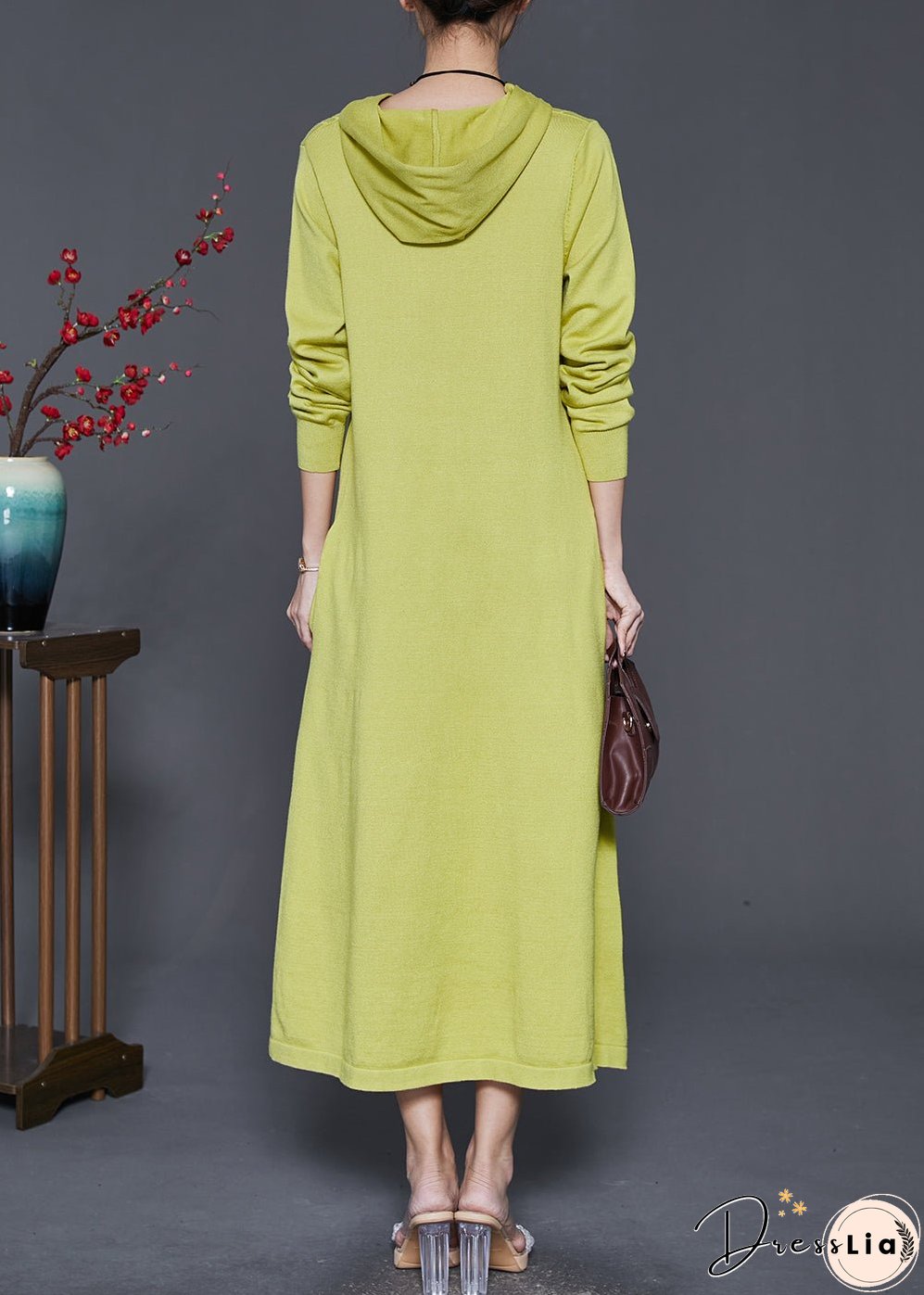 Grass Green Silm Fit Knit Dresses Hooded Spring