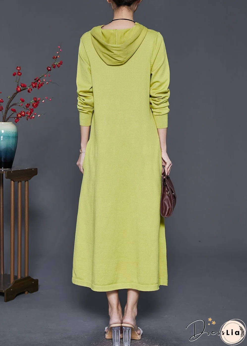 Grass Green Silm Fit Knit Dresses Hooded Spring