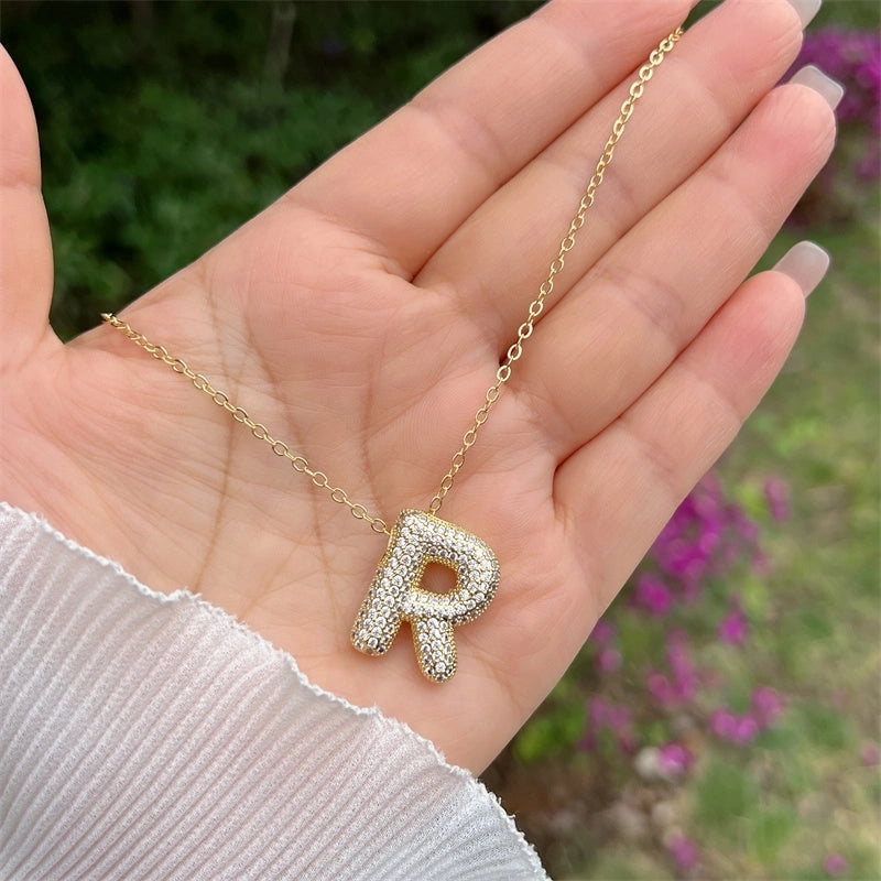 Copper 18K Gold Plated Hip-Hop Minimalist Classic Style Polishing Inlay Letter Zircon Pendant Necklace