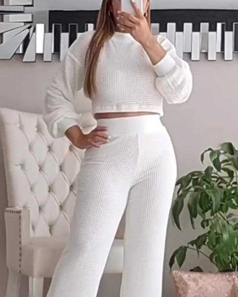 Round Neck T-shirt High Waist Straight Pants Two Piece Set