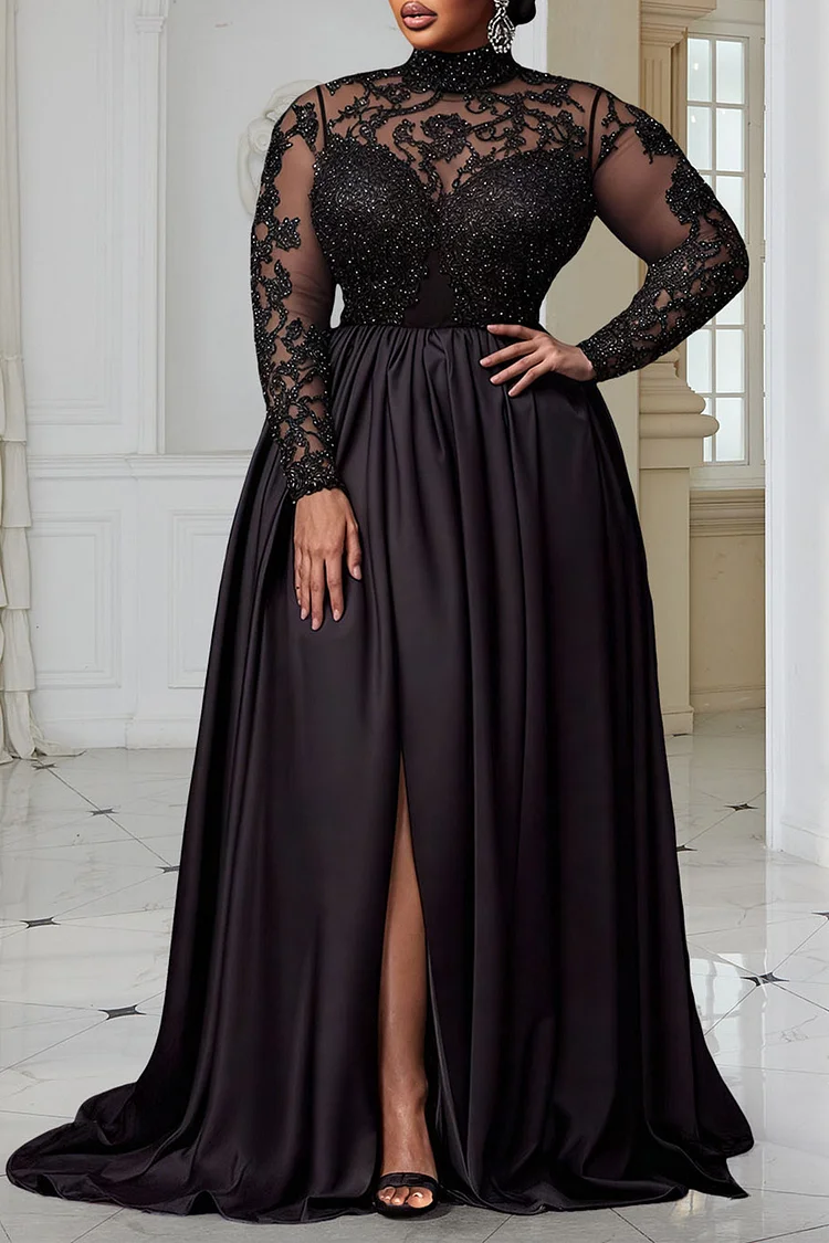 Xpluswear Design Plus Size Formal Black Mock Neck Long Sleeve Split Elegant Sequin Satin Maxi Dresses [Pre-Order]