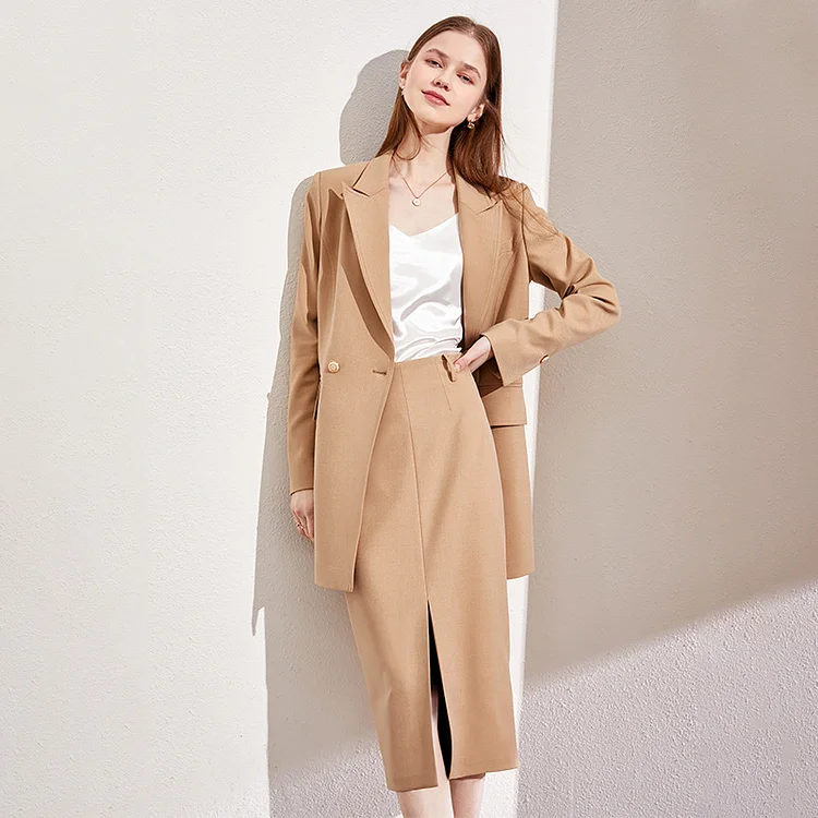 Long Khaki Casual Double Breasted Suit Skirt Set