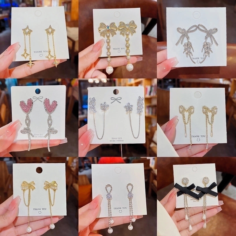 Fashion Heart Shape Bow Knot Copper Inlay Zircon Drop Earrings 1 Pair