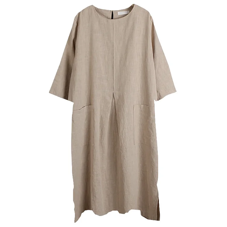 Pure Color Side Split Pocket Loose Linen Dress - Modakawa Modakawa