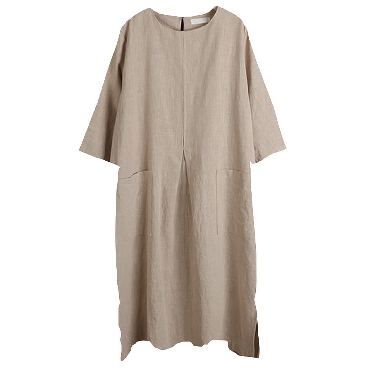 Pure Color Side Split Pocket Loose Linen Dress - Modakawa 