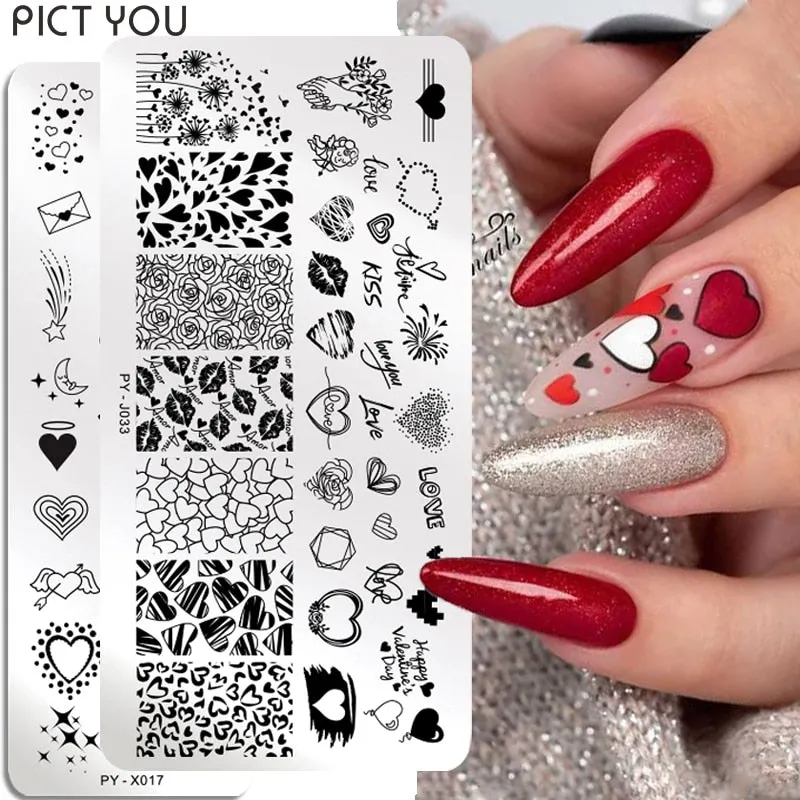 PICT YOU Valentine's Day Nail Stamping Plates Rose Flower Love Theme Nail Art Plate Stainless Steel Nail Design Stencil Tools-Nail Inspo