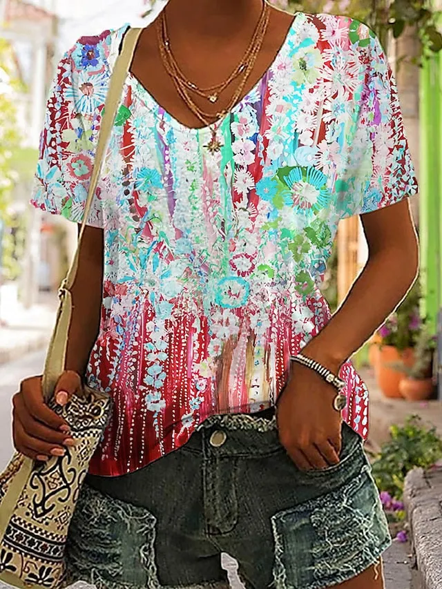 Red Blue Purple Flower Print Shirt For Women