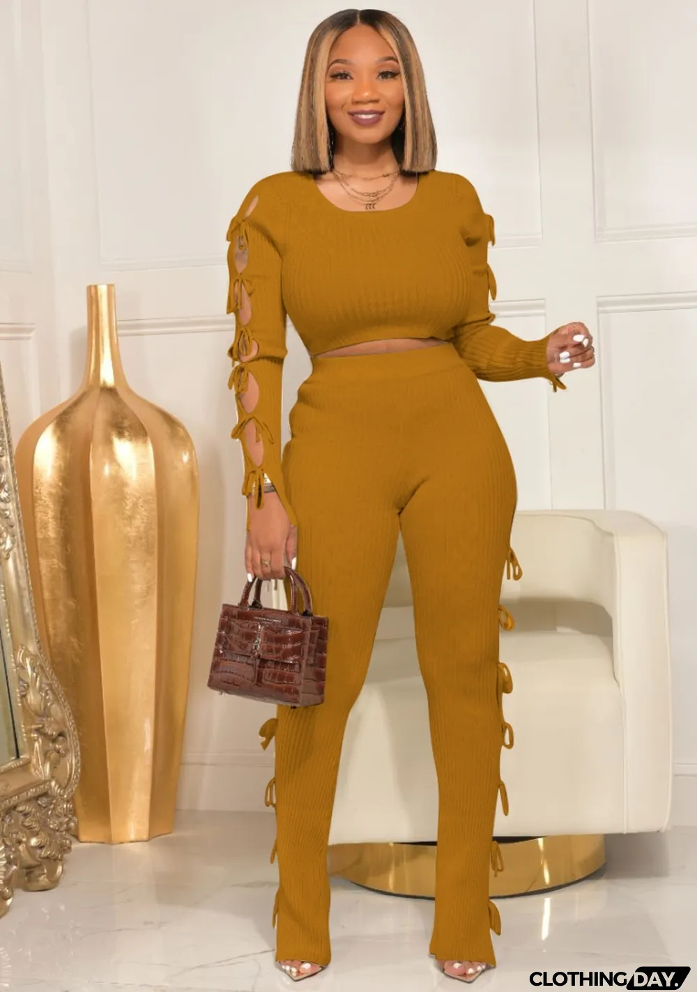 Spring Sexy Ginger Round Neck Hollow Out Backless Long SLeeve Crop Top and Match Pants wholesale Two Piece Sets