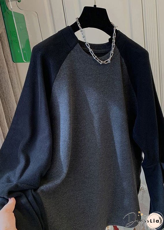 Simple Black O Neck Patchwork Cotton T Shirt Long Sleeve