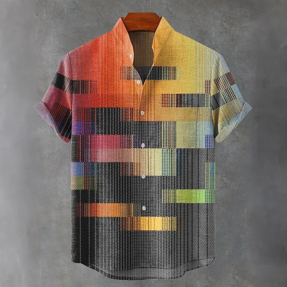 Men's Abstract Gradient Geometry Art Design Linen Blend Short-sleeve Shirt  artssus