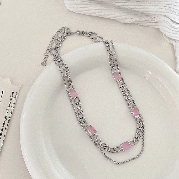 Pink Heart Pearl Titanium Steel Necklace KERENTILA