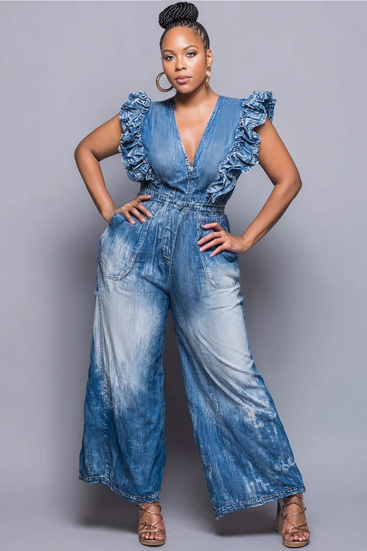 Xpluswear Design Plus Size Business Casual Casual Blue V Neck Flutter Sleeve Ruffle Pocket Denim Jumpsuits [Pre-Order] 2024 - Xpluswear
