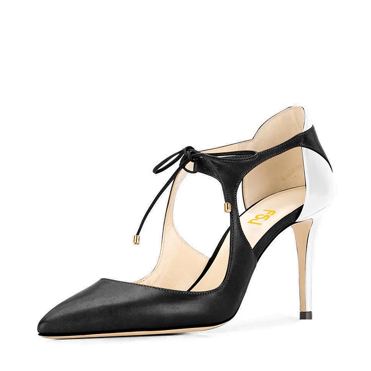 Black & White Lace Up Heels Pointy Toe Stiletto Pumps for Women |FSJ Shoes