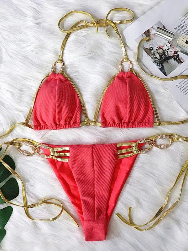 Solid Color Bandage Split Bikini Swimsuit