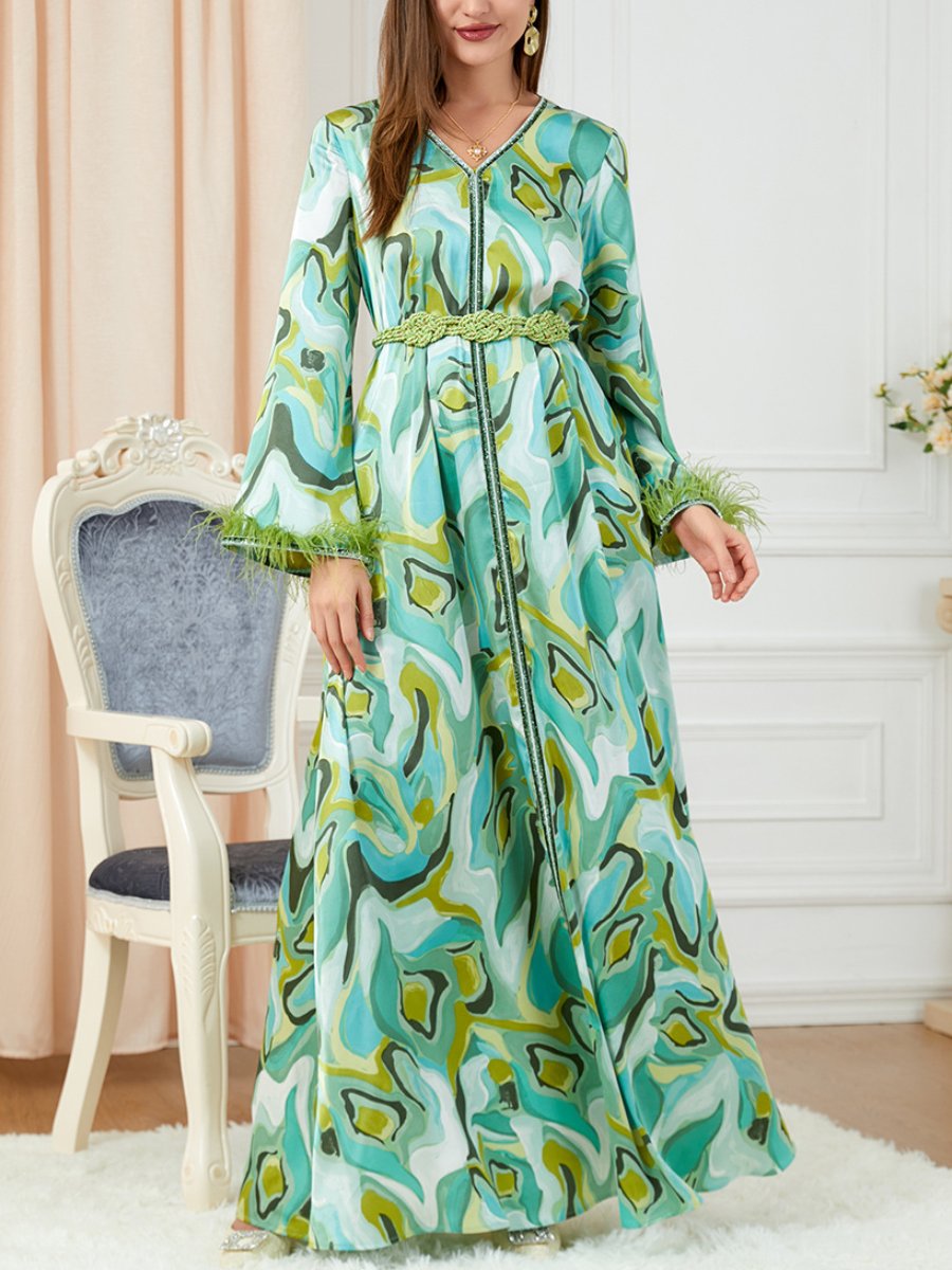 Green Printed Belt Design V Neck Tassels Sleeve Long Dress | Oxredo Shop Ramadan Sale