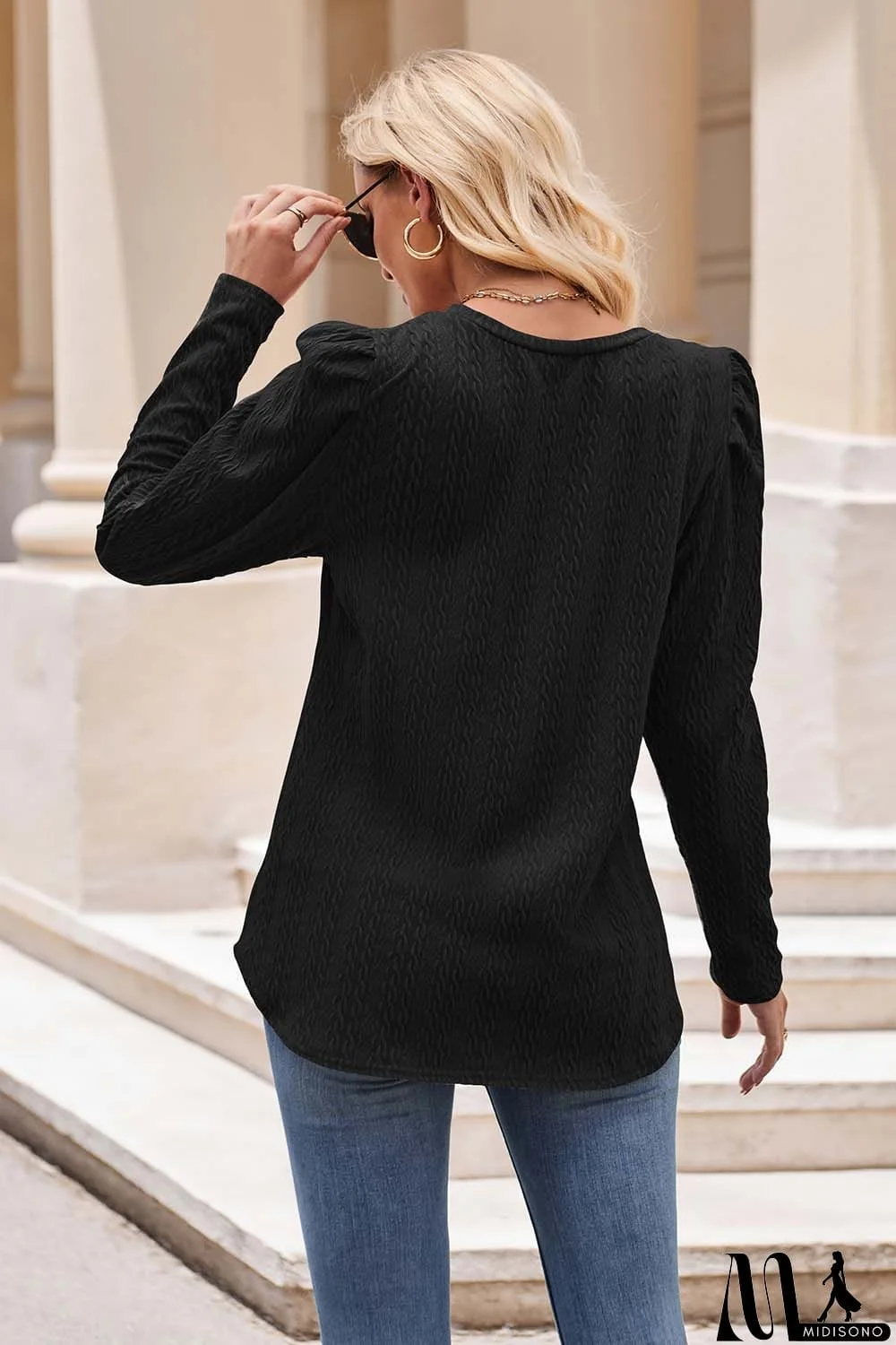 MidiSono - Round Neck Puff Sleeve Blouse