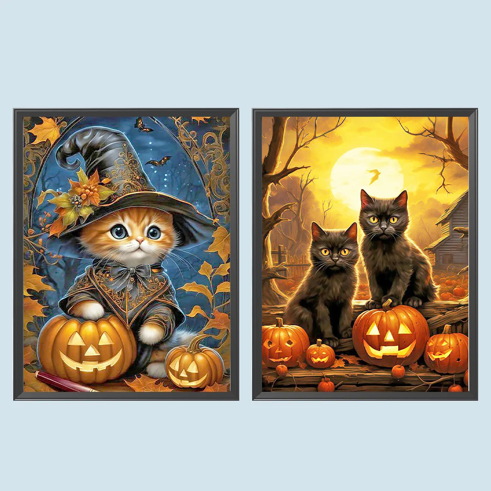 2pcs Diamond Painting - Full Round Drill - Halloween Pumpkin Cat(Canvas|30*40cm)