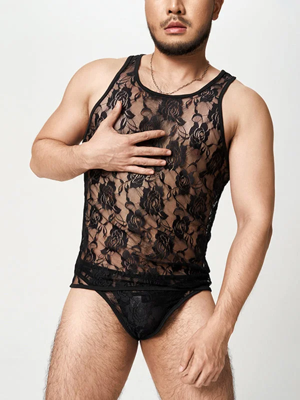 Aonga - Mens See Through Lace Vest Briefs SetG