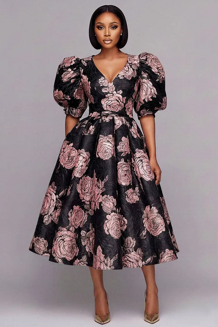 Xpluswear Design Plus Size Cocktail Party Pink V Neck Puff Sleeve Short Sleeve Pocket Jacquard Midi Dresses [Pre-Order] 2024 - Xpluswear
