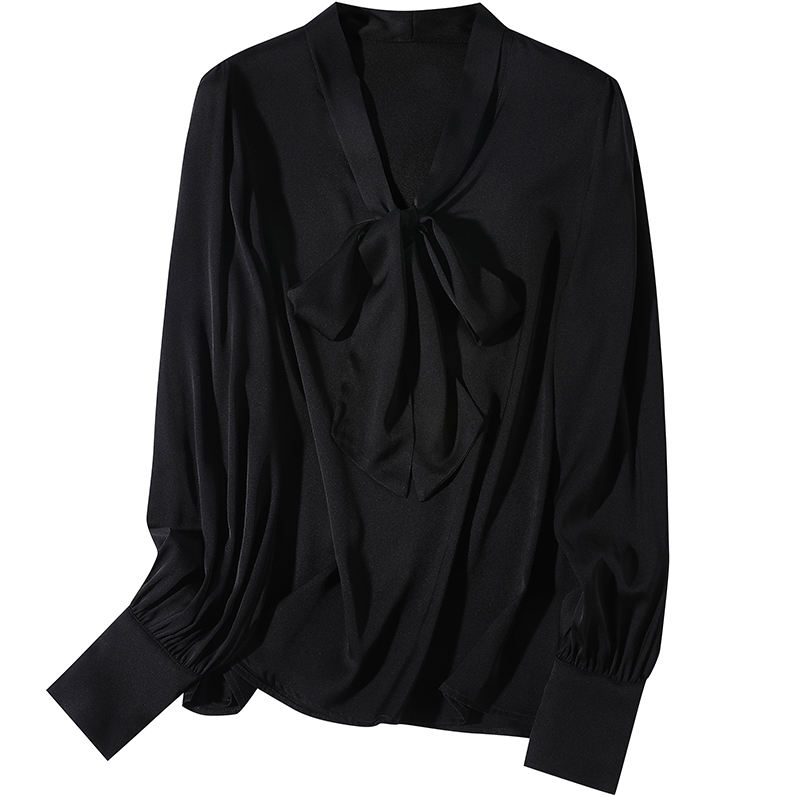 Clearance-V Neck Chic Silk Bow Shirt With Lantern Sleeve REAL SILK LIFE