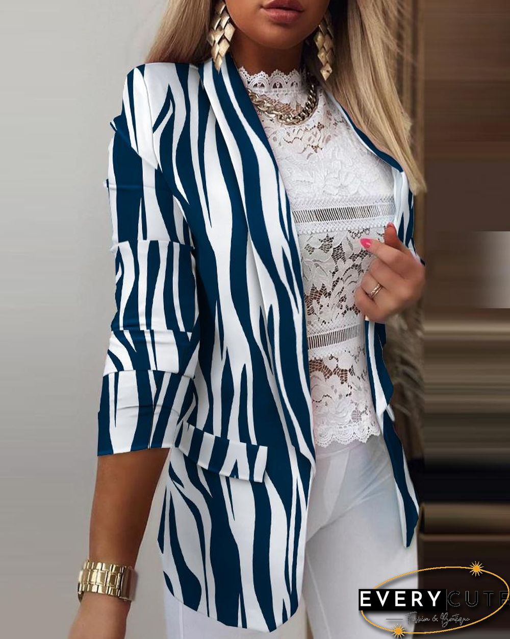Zebra Stripe Shawl Collar Open Front Flap Detail Blazer