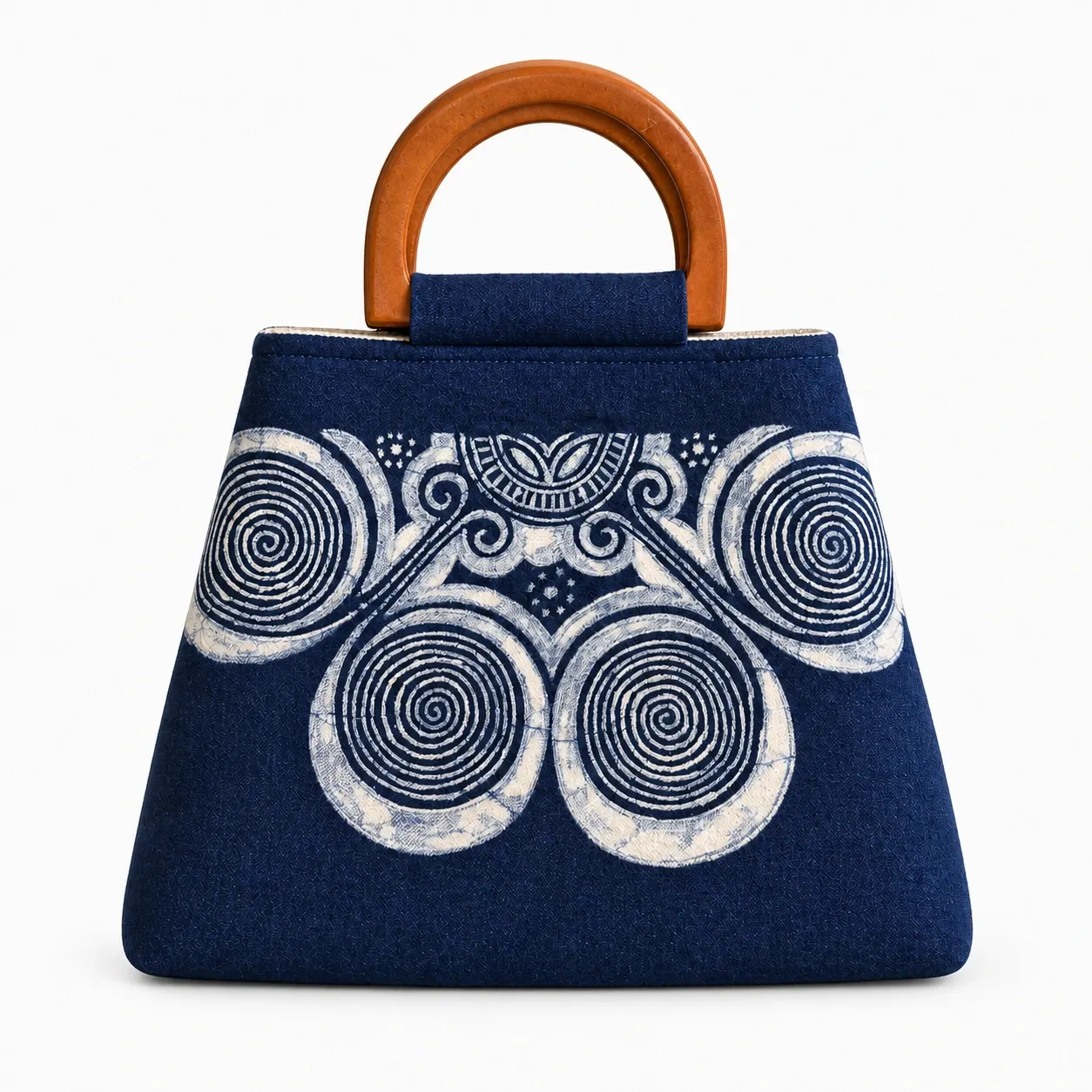 Indigo Wotuo Spiral Batik Wooden-Handle Handbag