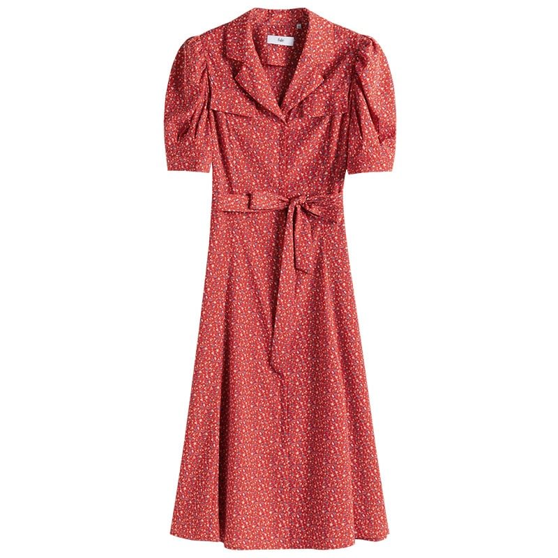 FSLE Office Lady French Retro Floral Red Long Dress Women Summer 2021 New Style Puff Sleeve V-neck Tea Break Dress
