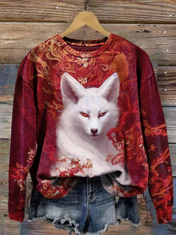 Fox Print Crew Neck Long Sleeve Sweatshirt