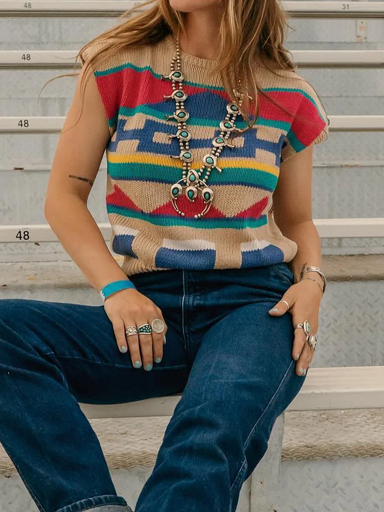 Casual Multicolor Woven Short Sleeve Top