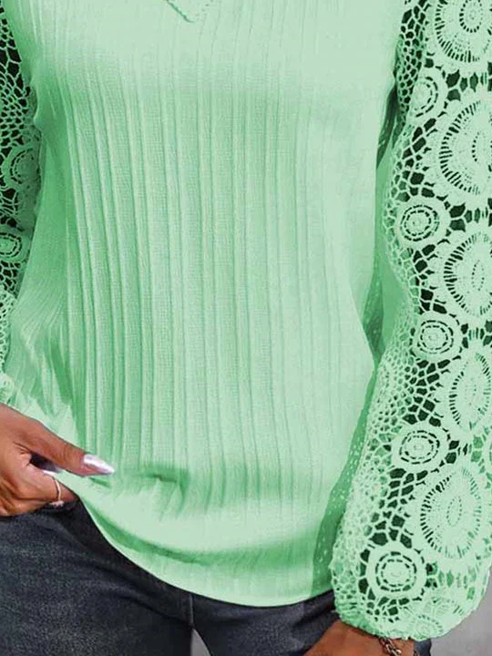 Women Long Sleeve V-neck Solid Lace Tops