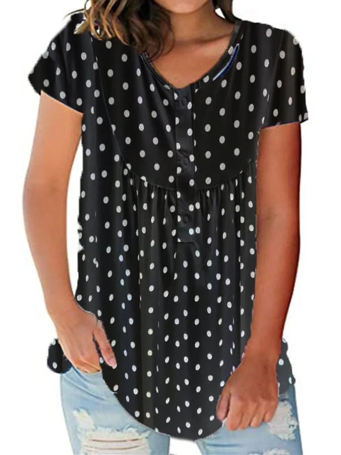 Women Short Sleeve U-neck Polka Dot Button Top