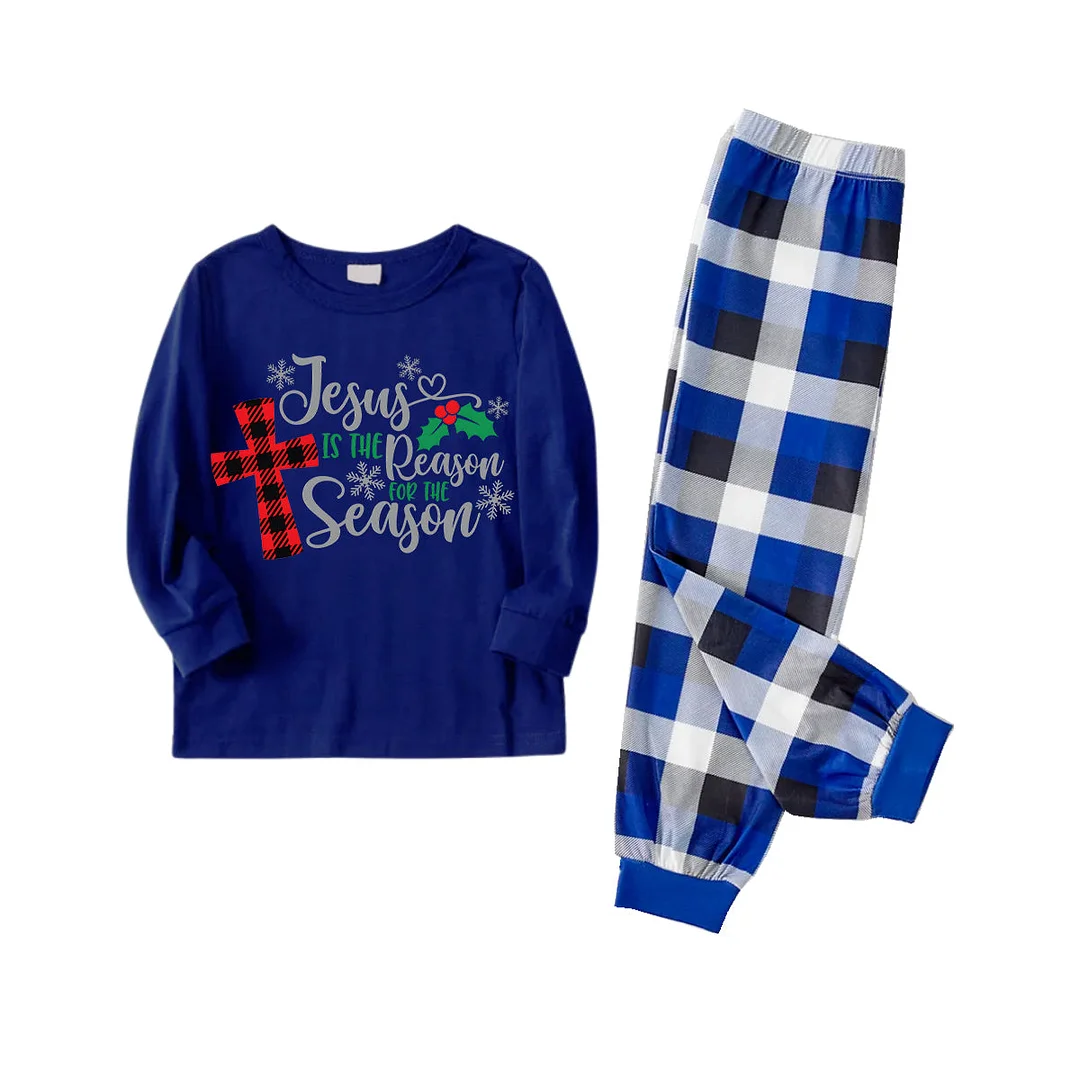 Christmas "Jesus is the Reason of the Season" Letter Print Patterned Blue Long Sleeves with Blue&White&Black Plaid Pants Family Matching Pajamas