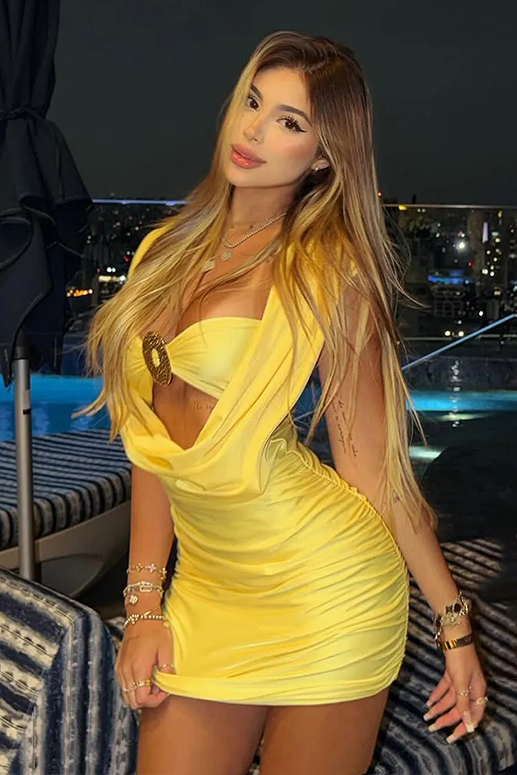 Deep Cowl Neck Metal Decor Sleeveless Ruched Bodycon Mini Dresses-Yellow