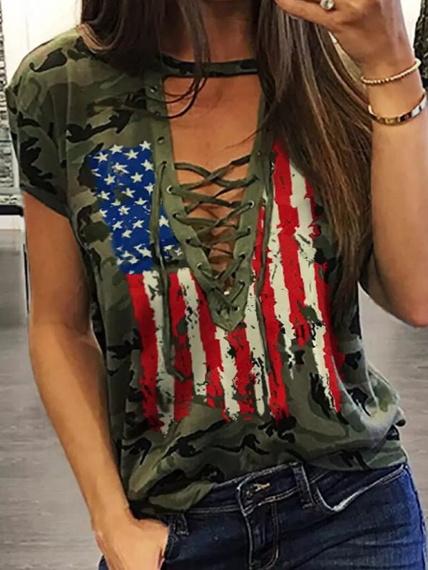 Camouflage American Flag Lace Up Blouse
