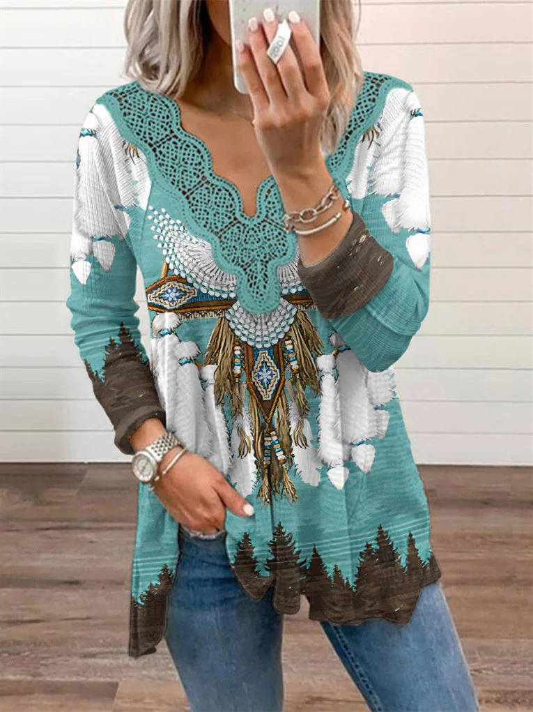 Women's Long Sleeve V-neck Lace Stitching Graphic Printed Top