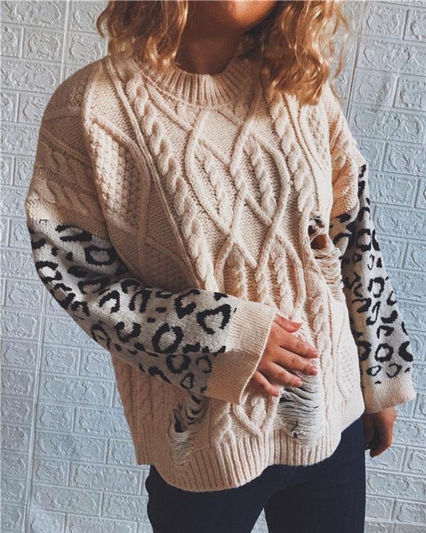 Leopard Print Stitched Crew Neck Knitted Sweater - Chicaggo