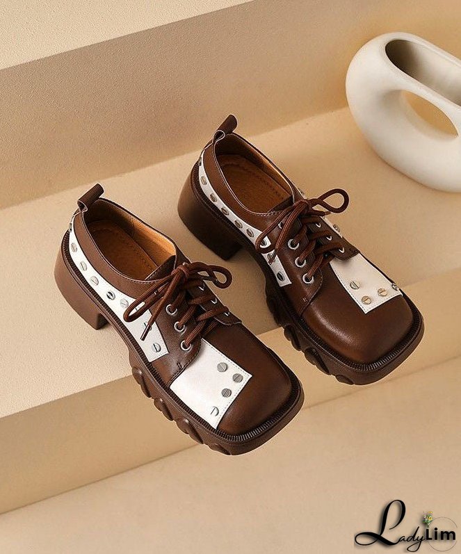 Casual Lace Up Chunky High Heels Brown Cowhide Leather Loafers For Women